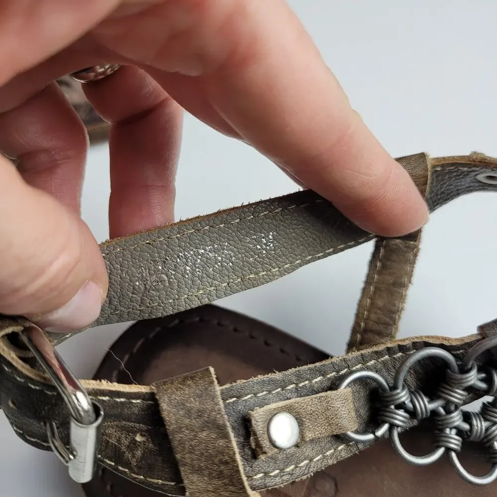 Bull Boxer Annalise Chain Sandals Leather Flats ‎ T-strap Thong Brown Boho